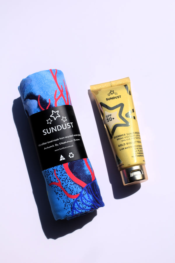 Bio Shimmer Sunscreen & Reef Beach Towel Bundle